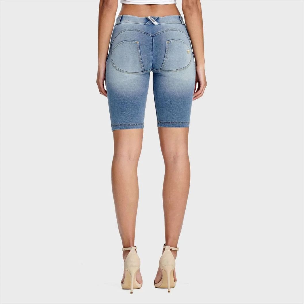 WRUP Denim - Mid Rise - Biker Shorts - Light Blue + Yellow Stitching