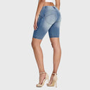 WRUP Denim - Mid Rise - Biker Shorts - Light Blue + Yellow Stitching