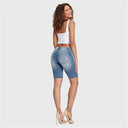 WRUP Denim - Mid Rise - Biker Shorts - Light Blue + Yellow Stitching