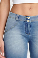 WRUP Denim - Mid Rise - Biker Shorts - Light Blue + Yellow Stitching