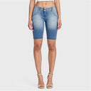 WRUP Denim - Mid Rise - Biker Shorts - Light Blue + Yellow Stitching