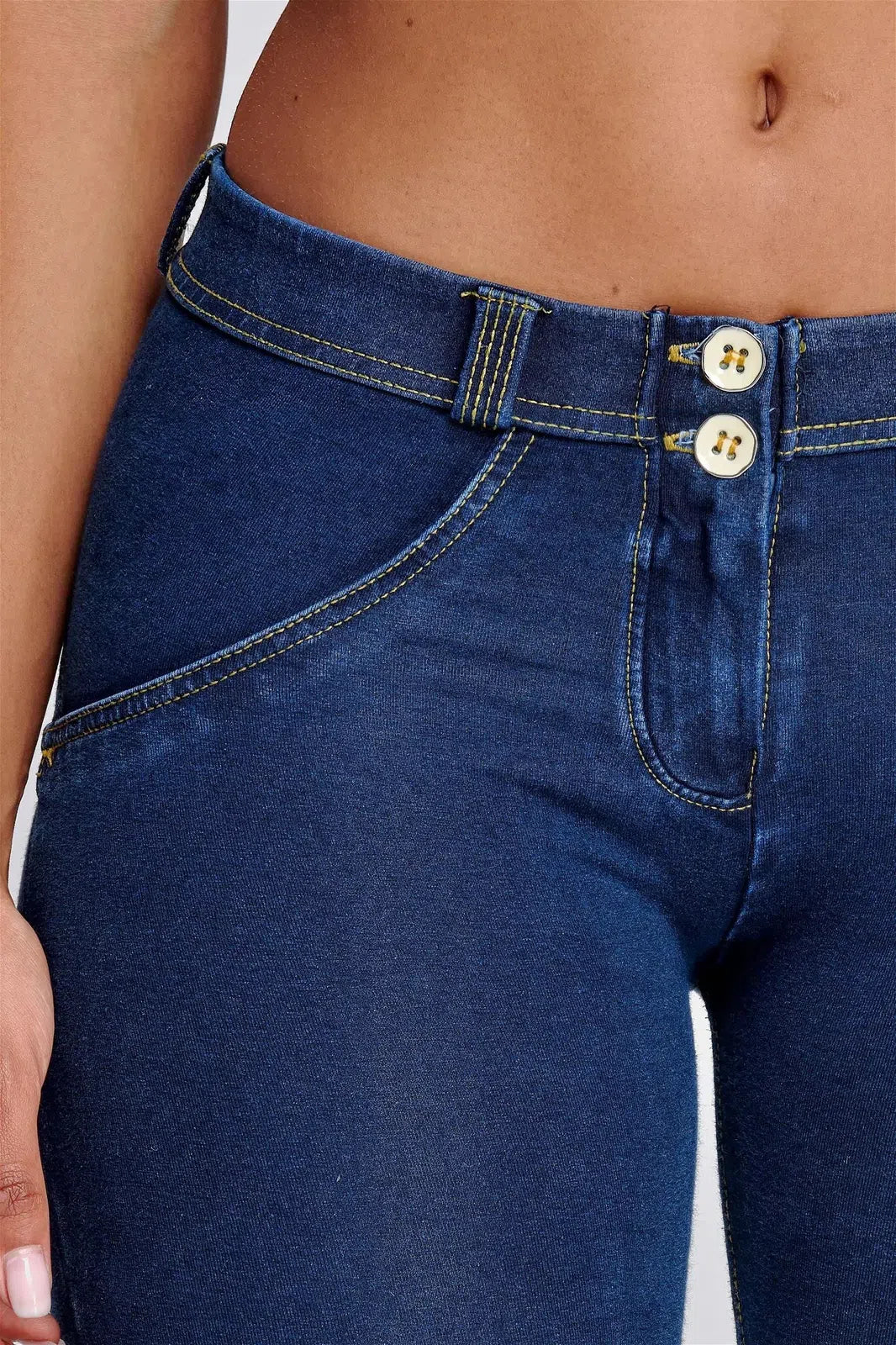 WRUP Denim - Mid Rise - Full Length - Dark Blue + Yellow Stitching 2