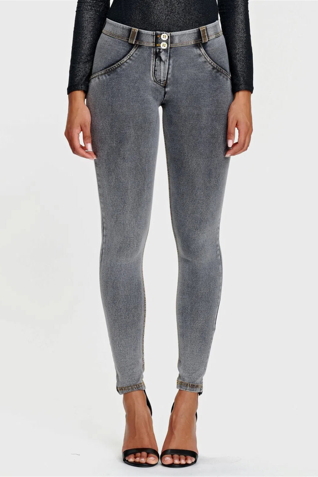 WRUP Denim - Mid Rise - Full Length - Grey + Yellow Stitching 3