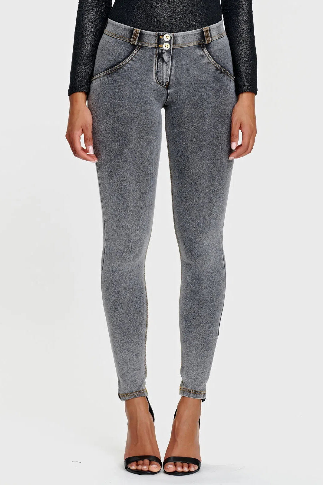 WRUP Denim - Mid Rise - Full Length - Grey + Yellow Stitching 3
