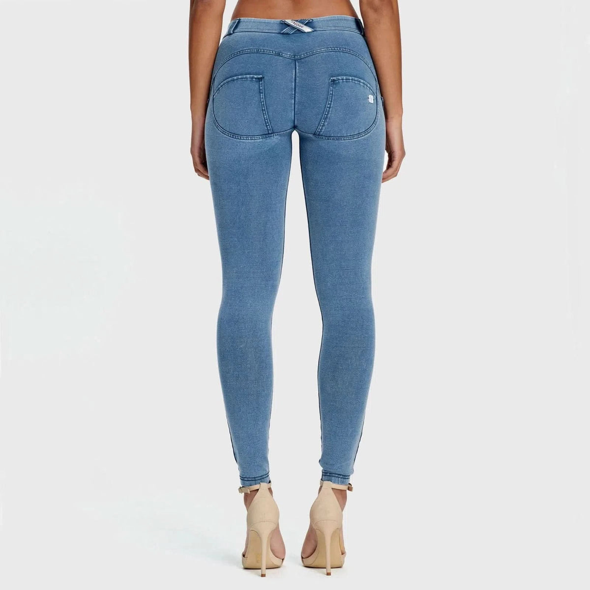 Light Blue + Blue Stitching Mid Rise Full Length WRUP Denim Light Blue + Blue Stitching Mid Rise Full Length WRUP Denim
