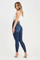 WRUP Denim with Feature Seam - High Waisted - 7/8 Length - Dark Blue + Beige Stitching
