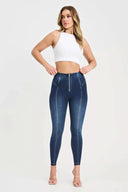 WRUP Denim with Feature Seam - High Waisted - 7/8 Length - Dark Blue + Beige Stitching