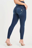 WRUP Denim with Feature Seam - High Waisted - 7/8 Length - Dark Blue + Beige Stitching