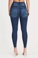 WRUP Denim with Feature Seam - High Waisted - 7/8 Length - Dark Blue + Beige Stitching