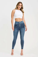 WRUP Denim with Feature Seam - High Waisted - 7/8 Length - Vintage Blue + Blue Stitching
