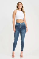 WRUP Denim with Feature Seam - High Waisted - 7/8 Length - Vintage Blue + Blue Stitching