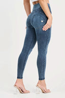 WRUP Denim with Feature Seam - High Waisted - 7/8 Length - Vintage Blue + Blue Stitching