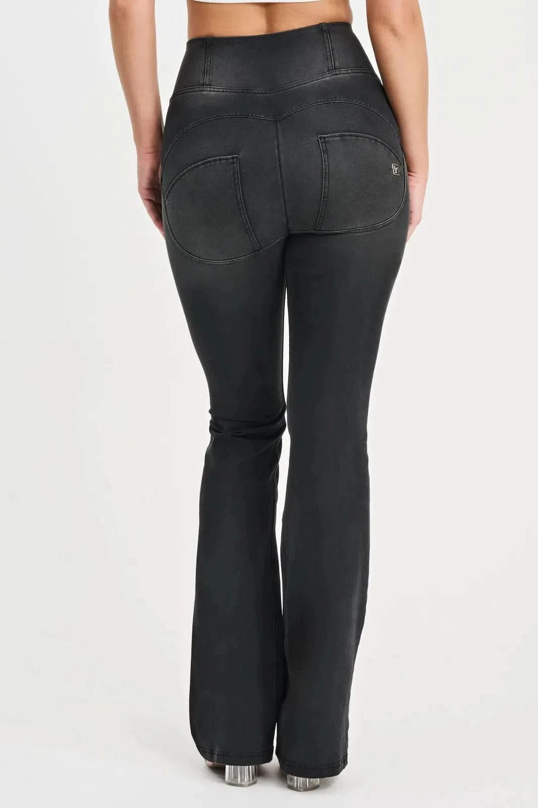WRUP Denim with Feature Seam - High Waisted - Bell Bottom Flare - Black + Black Stitching