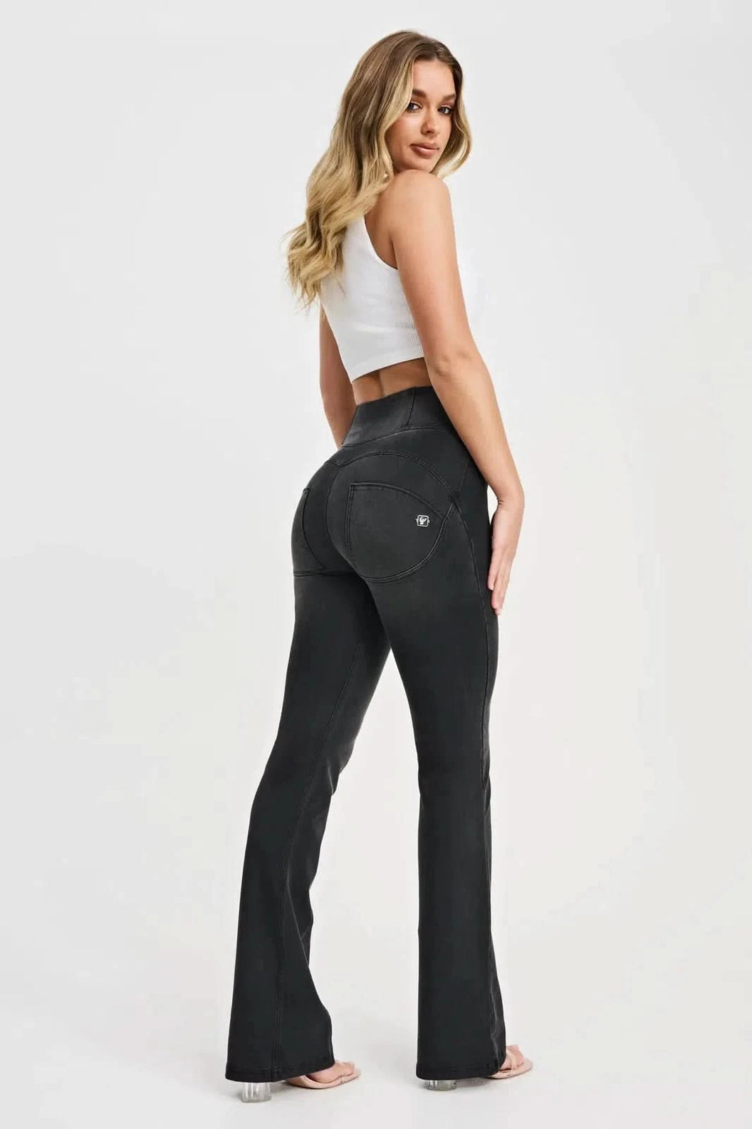 WRUP Denim with Feature Seam - High Waisted - Bell Bottom Flare - Black + Black Stitching