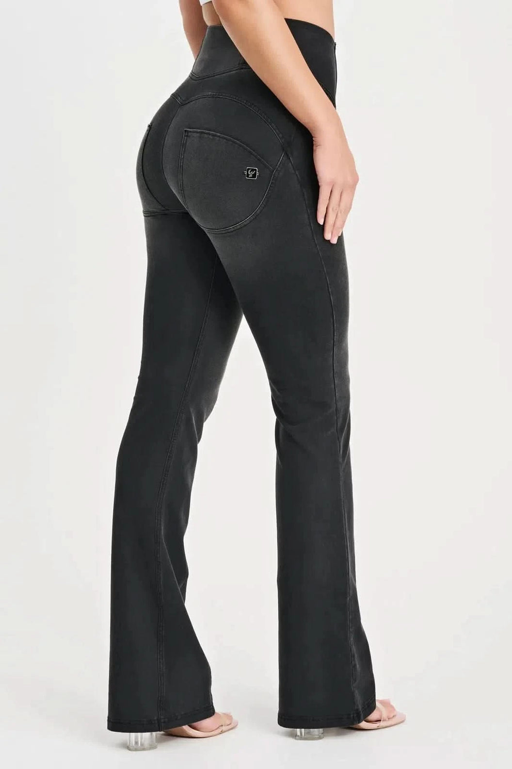 WRUP Denim with Feature Seam - High Waisted - Bell Bottom Flare - Black + Black Stitching