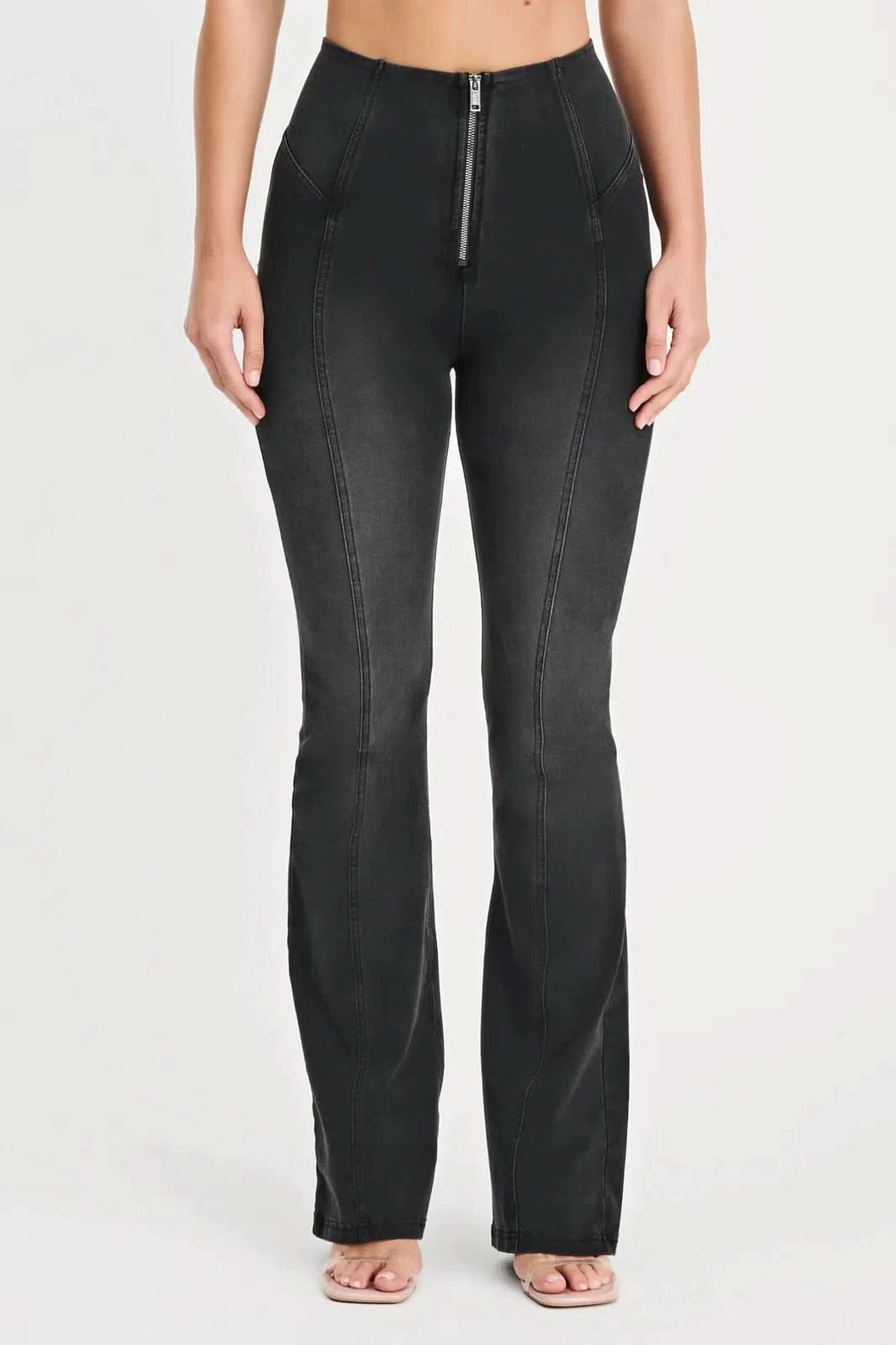 WRUP Denim with Feature Seam - High Waisted - Bell Bottom Flare - Black + Black Stitching