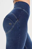 WRUP Denim with Feature Seam - High Waisted - Bell Bottom Flare - Dark Blue + Beige Stitching