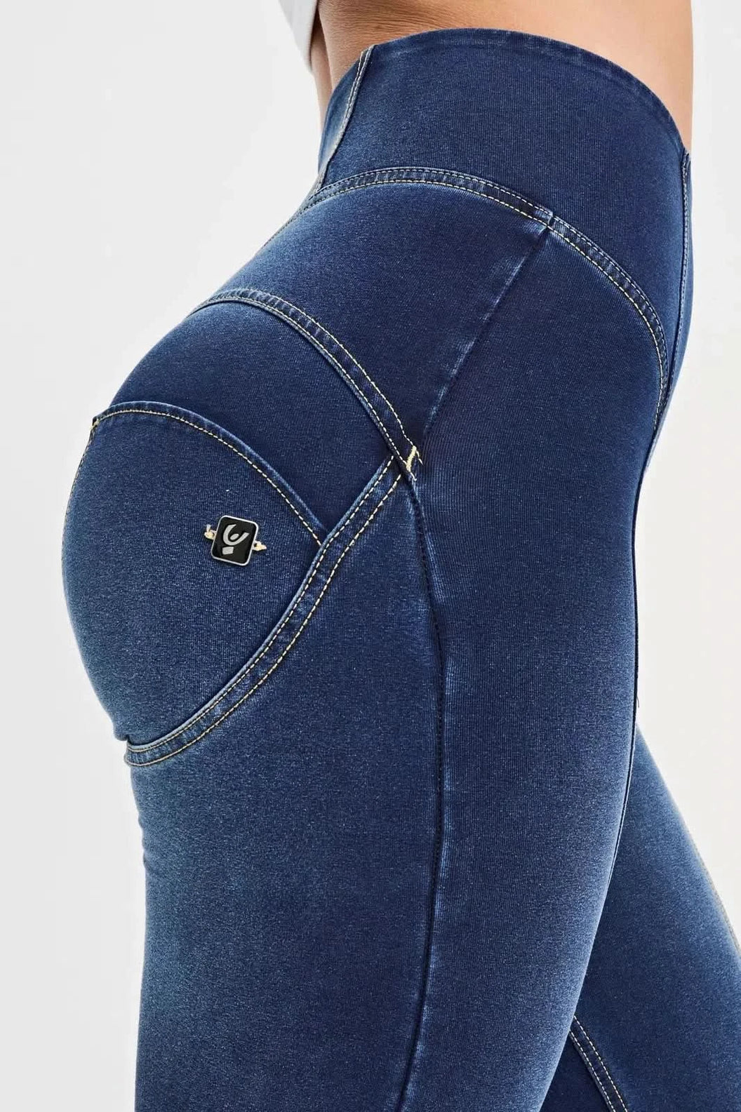 WRUP Denim with Feature Seam - High Waisted - Bell Bottom Flare - Dark Blue + Beige Stitching