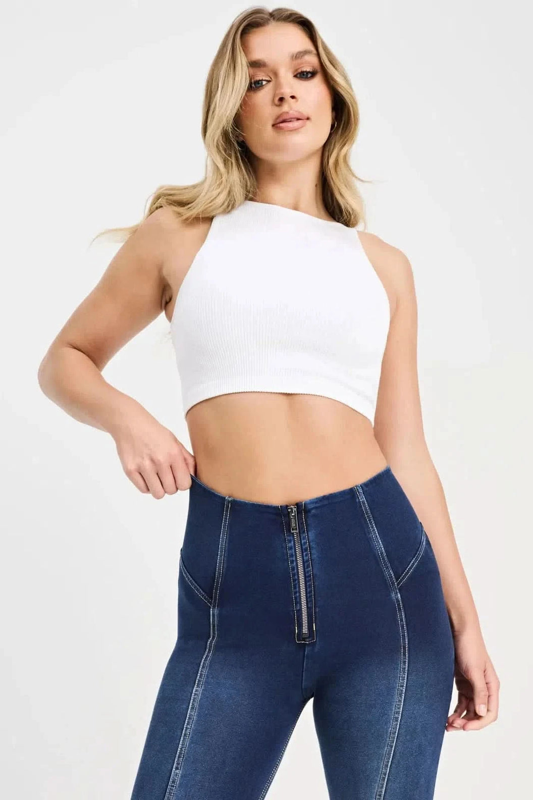 WRUP Denim with Feature Seam - High Waisted - Bell Bottom Flare - Dark Blue + Beige Stitching
