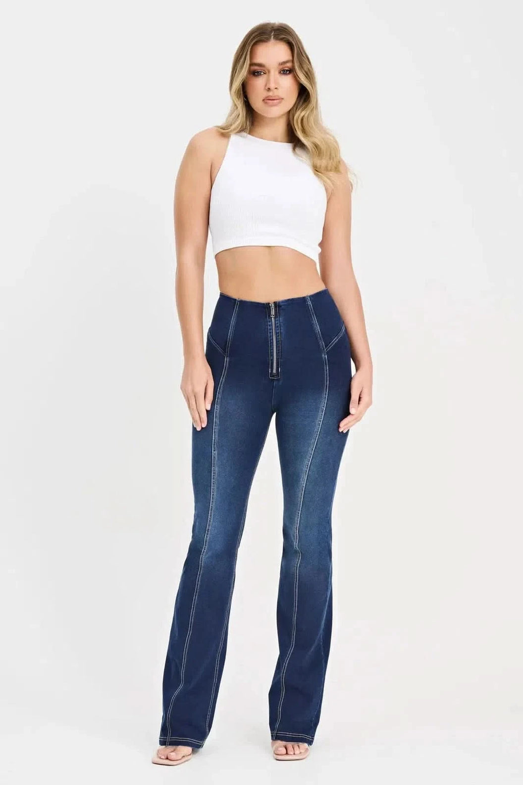 WRUP Denim with Feature Seam - High Waisted - Bell Bottom Flare - Dark Blue + Beige Stitching