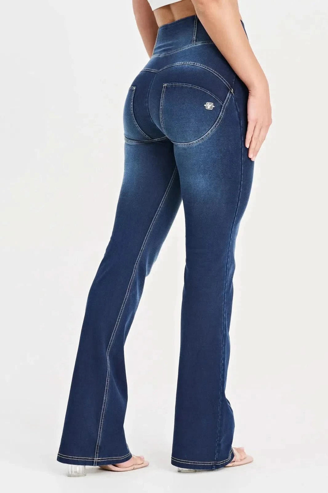 WRUP Denim with Feature Seam - High Waisted - Bell Bottom Flare - Dark Blue + Beige Stitching