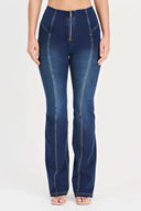 WRUP Denim with Feature Seam - High Waisted - Bell Bottom Flare - Dark Blue + Beige Stitching