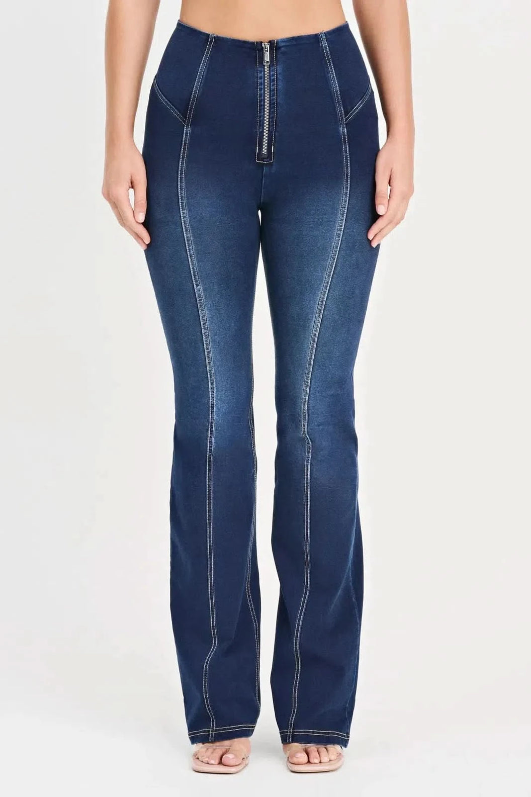 WRUP Denim with Feature Seam - High Waisted - Bell Bottom Flare - Dark Blue + Beige Stitching