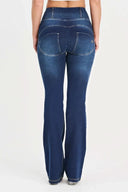 WRUP Denim with Feature Seam - High Waisted - Bell Bottom Flare - Dark Blue + Beige Stitching