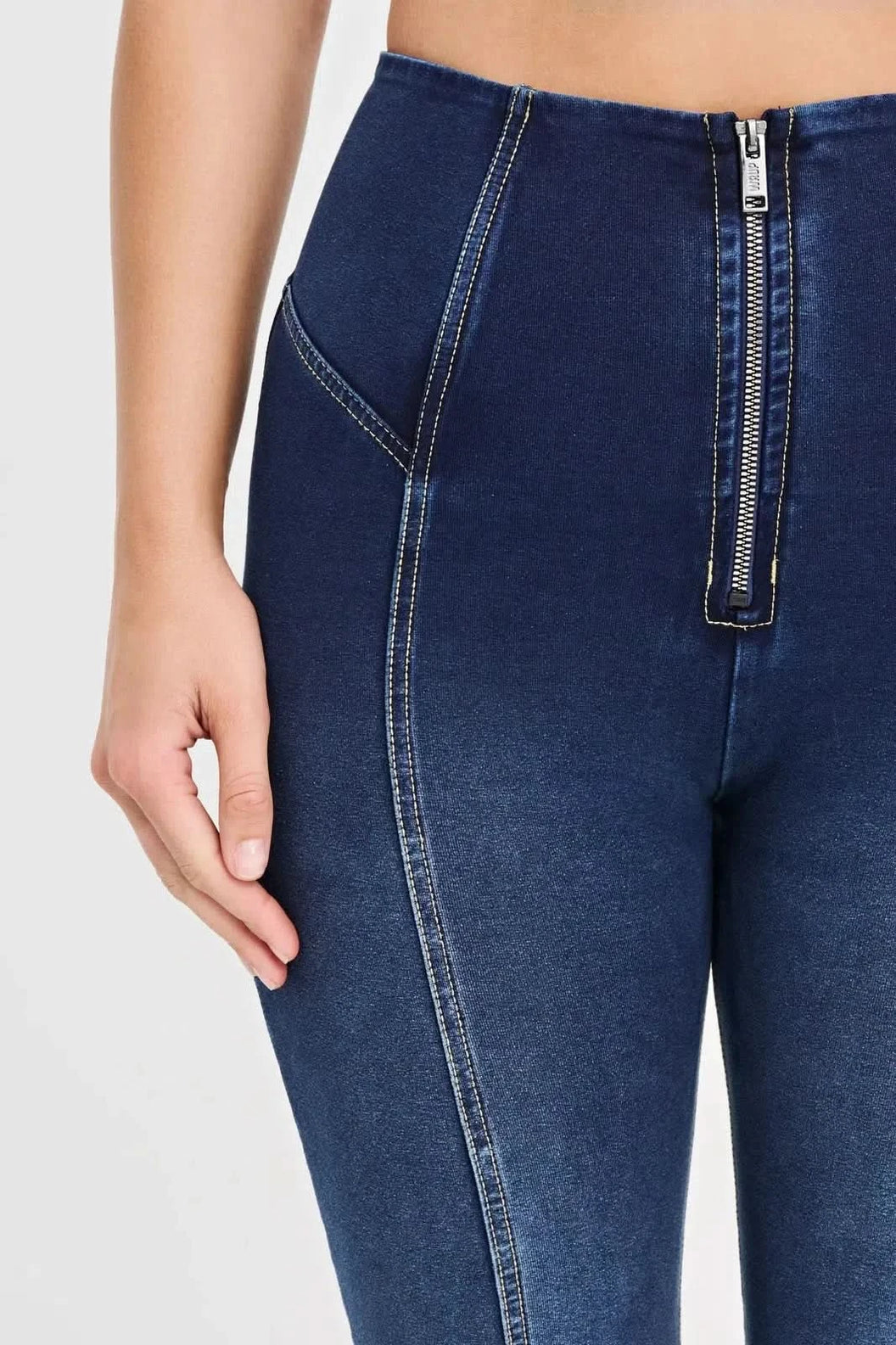 WRUP Denim with Feature Seam - High Waisted - Bell Bottom Flare - Dark Blue + Beige Stitching