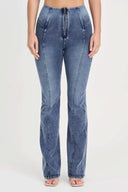 WRUP Denim with Feature Seam - High Waisted - Bell Bottom Flare - Vintage Blue + Blue Stitching