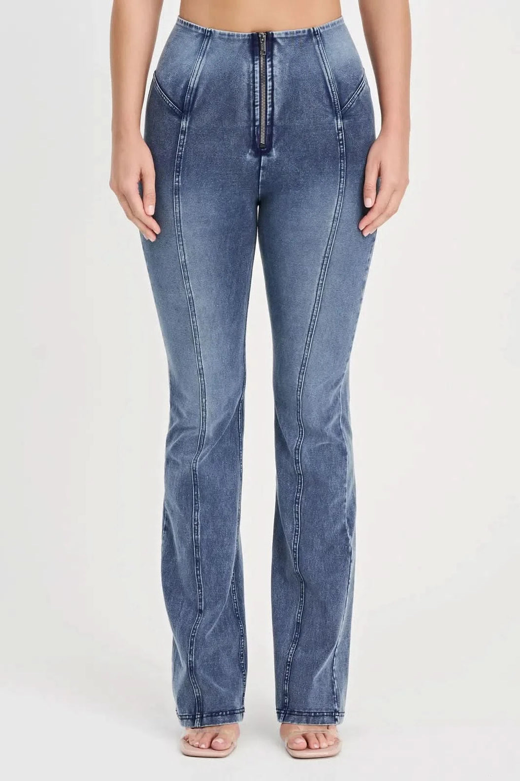 WRUP Denim with Feature Seam - High Waisted - Bell Bottom Flare - Vintage Blue + Blue Stitching