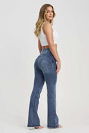 WRUP Denim with Feature Seam - High Waisted - Bell Bottom Flare - Vintage Blue + Blue Stitching