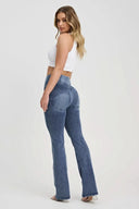 WRUP Denim with Feature Seam - High Waisted - Bell Bottom Flare - Vintage Blue + Blue Stitching