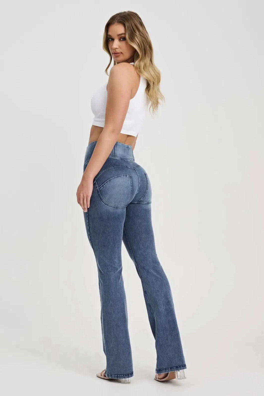 WRUP Denim with Feature Seam - High Waisted - Bell Bottom Flare - Vintage Blue + Blue Stitching