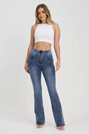 WRUP Denim with Feature Seam - High Waisted - Bell Bottom Flare - Vintage Blue + Blue Stitching