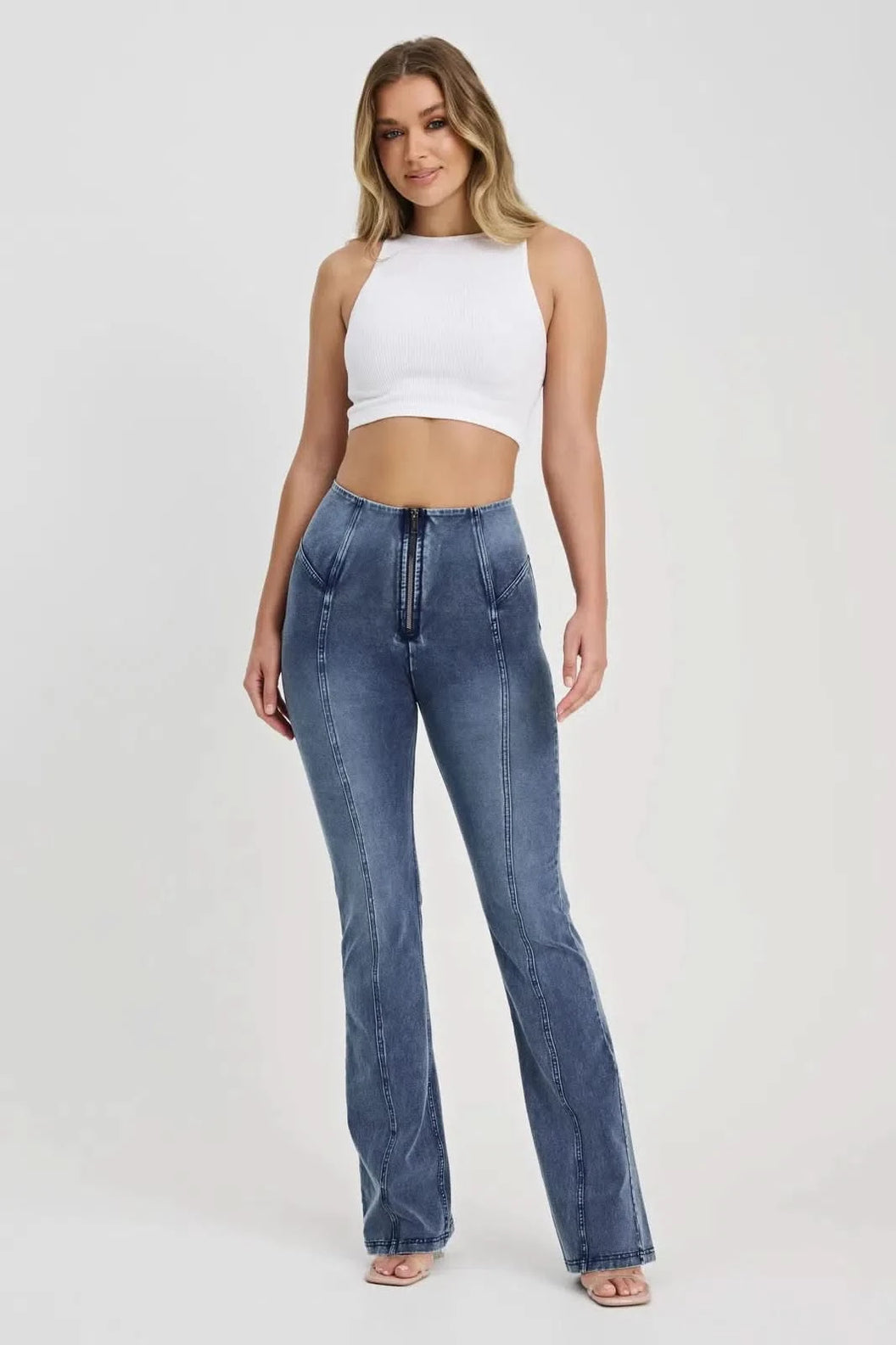 WRUP Denim with Feature Seam - High Waisted - Bell Bottom Flare - Vintage Blue + Blue Stitching