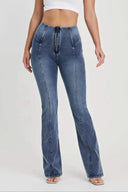 WRUP Denim with Feature Seam - High Waisted - Bell Bottom Flare - Vintage Blue + Blue Stitching