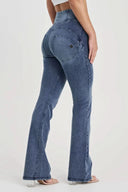 WRUP Denim with Feature Seam - High Waisted - Bell Bottom Flare - Vintage Blue + Blue Stitching