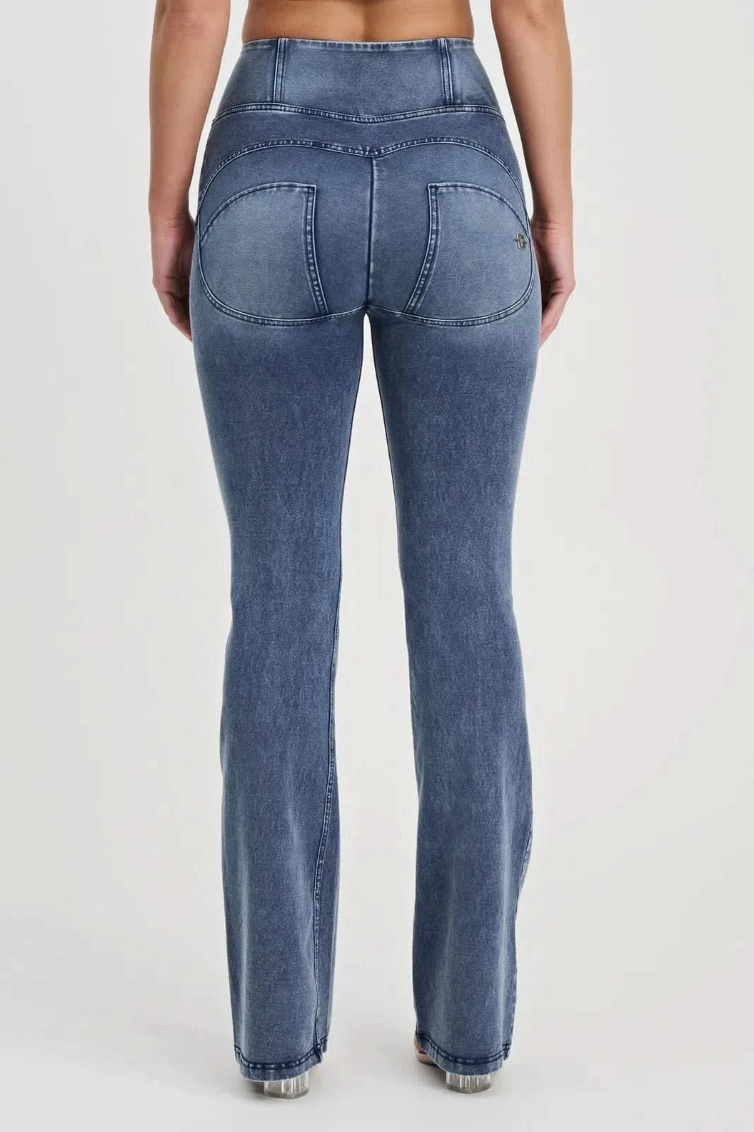 WRUP Denim with Feature Seam - High Waisted - Bell Bottom Flare - Vintage Blue + Blue Stitching