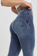 WRUP Denim with Feature Seam - High Waisted - Bell Bottom Flare - Vintage Blue + Blue Stitching
