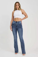 WRUP Denim with Feature Seam - High Waisted - Bell Bottom Flare - Vintage Blue + Blue Stitching