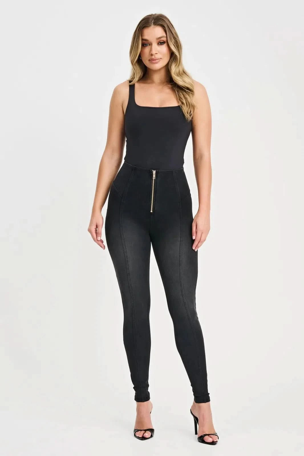 WRUP Denim with Feature Seam - High Waisted - Full Length - Black + Black Stitching 1