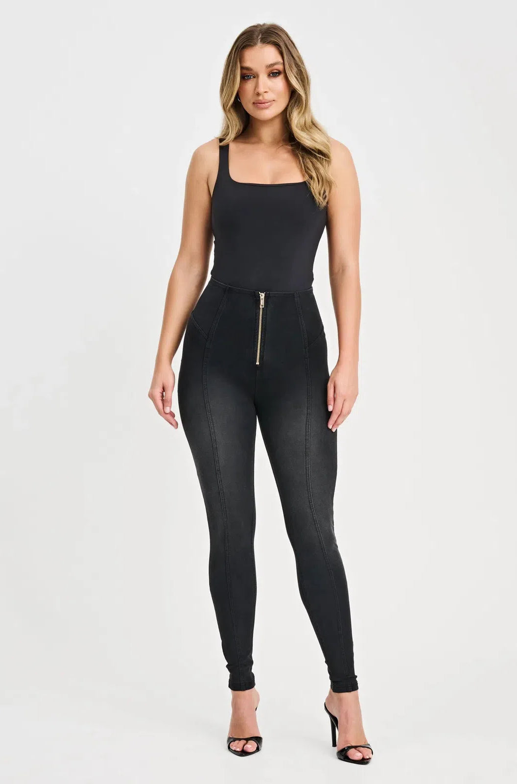 WRUP Denim with Feature Seam - High Waisted - Full Length - Black + Black Stitching