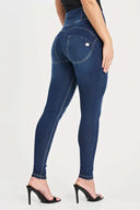 WRUP Denim with Feature Seam - High Waisted - Full Length - Dark Blue + Beige Stitching