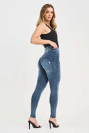 WRUP Denim with Feature Seam - High Waisted - Full Length - Vintage Blue + Blue Stitching