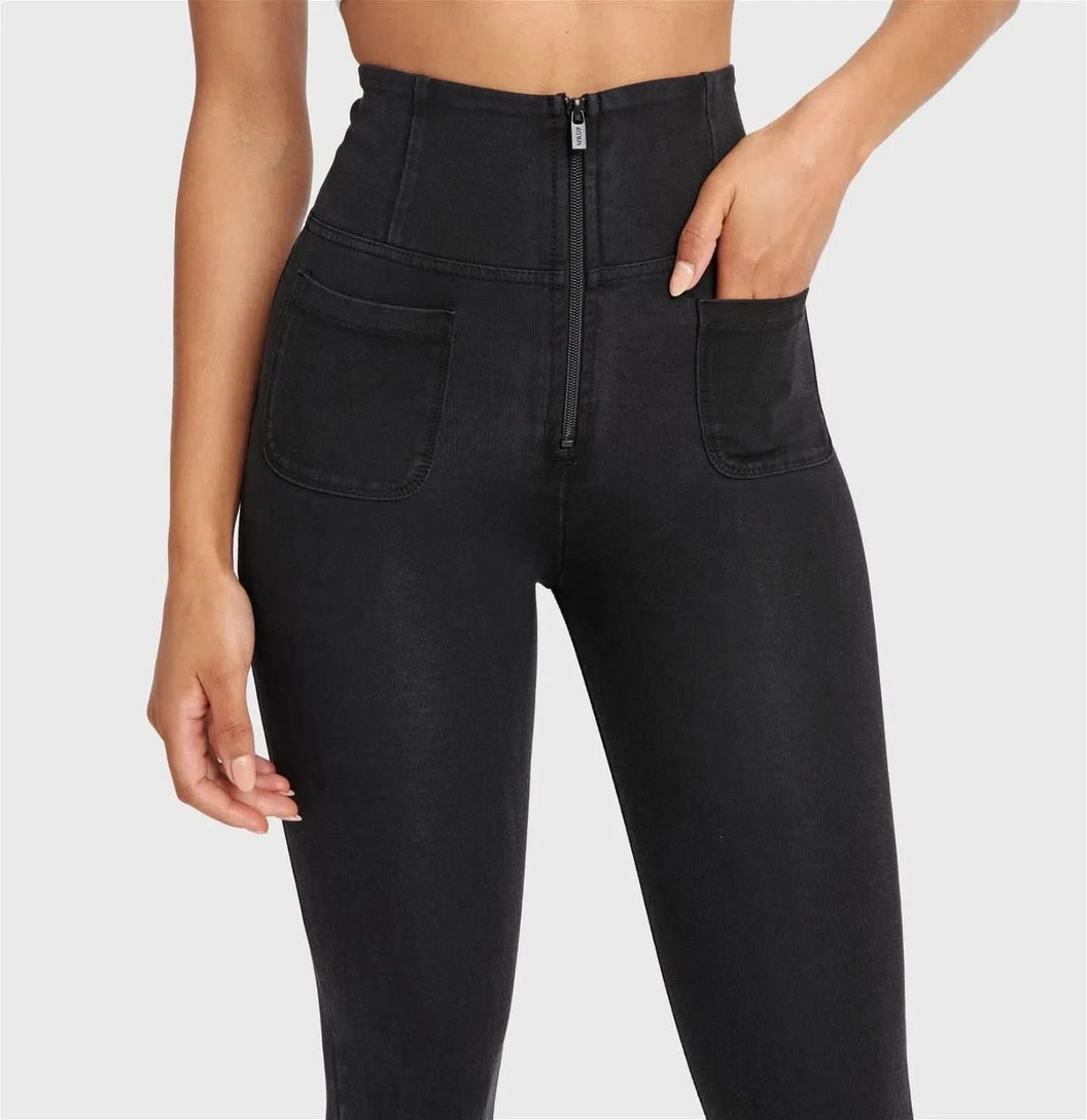 WRUP Denim With Front Pockets - Super High Waisted - 7/8 Length - Black + Black Stitching