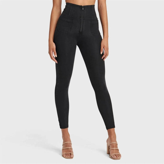 WRUP Denim With Front Pockets - Super High Waisted - 7/8 Length - Black + Black Stitching