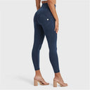 WRUP Denim With Front Pockets - Super High Waisted - 7/8 Length - Dark Blue + Blue Stitching