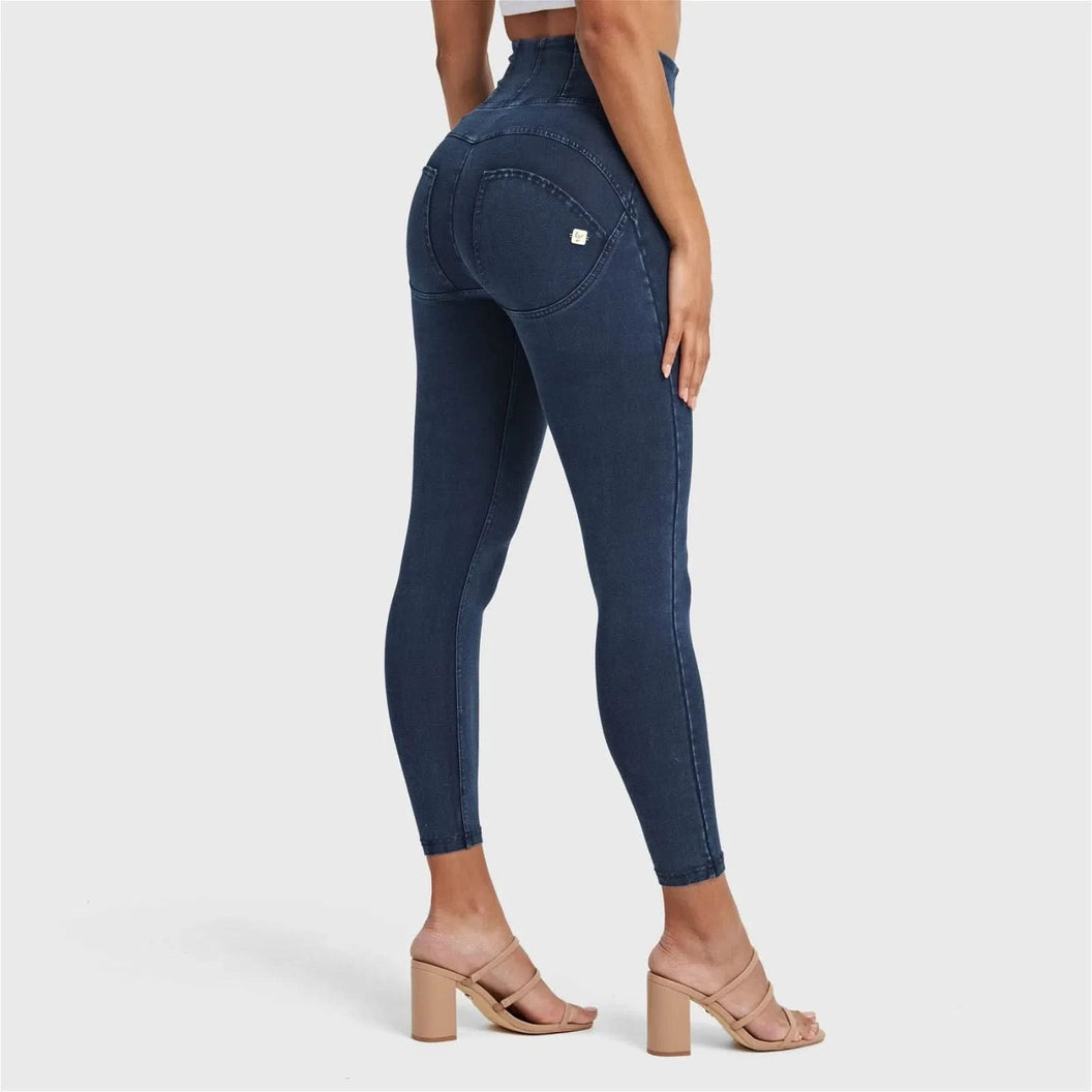 WRUP Denim With Front Pockets - Super High Waisted - 7/8 Length - Dark Blue + Blue Stitching