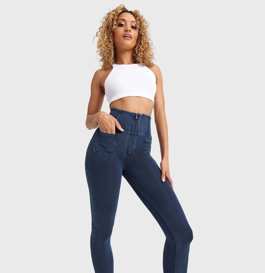 WRUP Denim With Front Pockets - Super High Waisted - 7/8 Length - Dark Blue + Blue Stitching